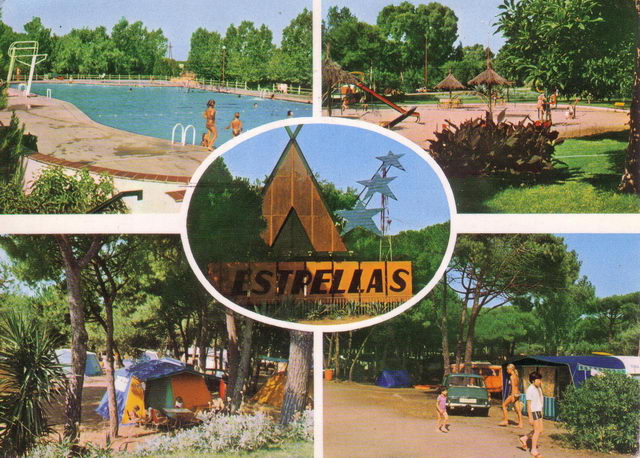 Postal de los años 60 del camping "Tres Estrellas" de Gavà Mar donde se ven diferentes espacios del mismo